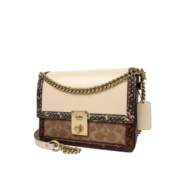 Coach Hutton Shoulder Bag In Blocked Signature Canvas With Snakeskin Detail - Picture 1 of 15